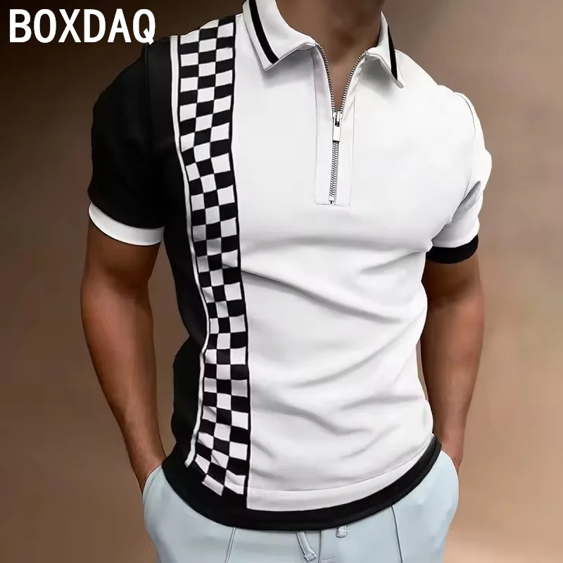 2025 Spring/Summer New Polo Shirt Men's Casual Big Size Short Sleeve Zipper Polo T Shirt 3D Grid Printed Golf Sport Polo Shirt
