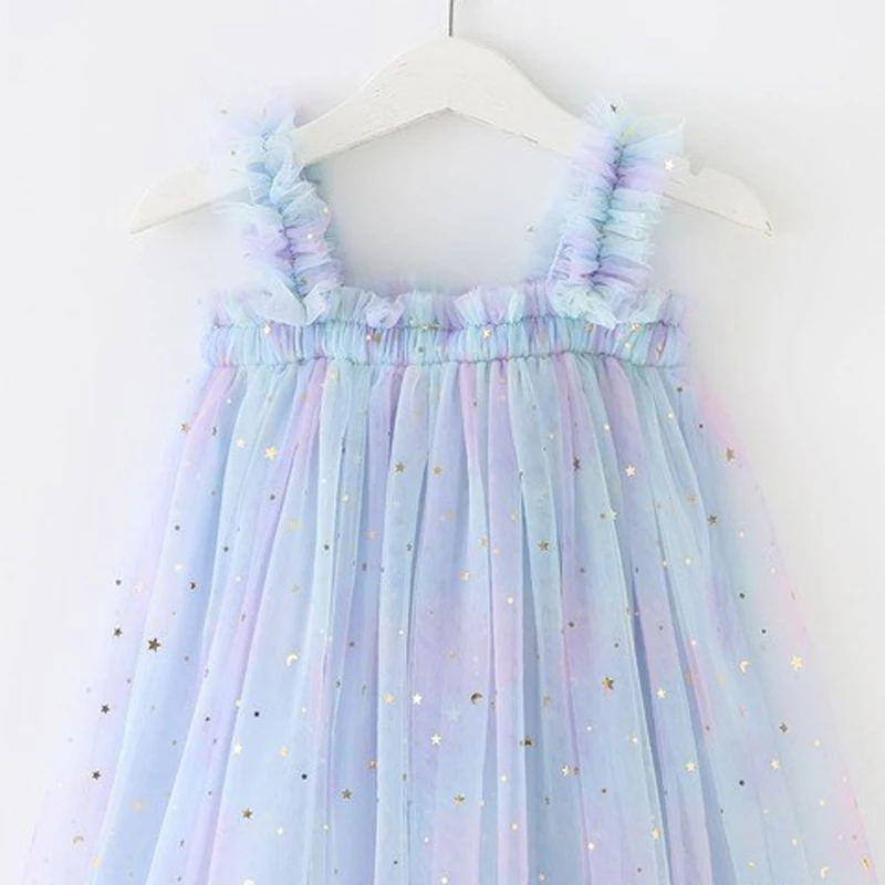 Baby Girl Rainbow Dress Birthday Strap Dress Toddler Girl Clothes Summer Sequined Princess Mesh Tutu Dresses Kid Party Costume