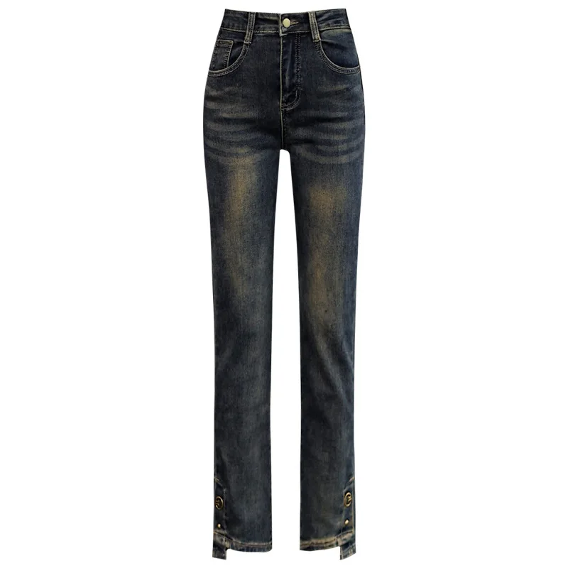 جينز رمادي أسمنتي عتيق للنساء، سروال مستقيم نحيف مبطن بالصوف للخريف، سروال حريم كاجوال