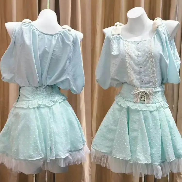 

Japan Vintage Green Off-Shoulder Top + Mint Waist Skirt Two-Piece Set 2026 New