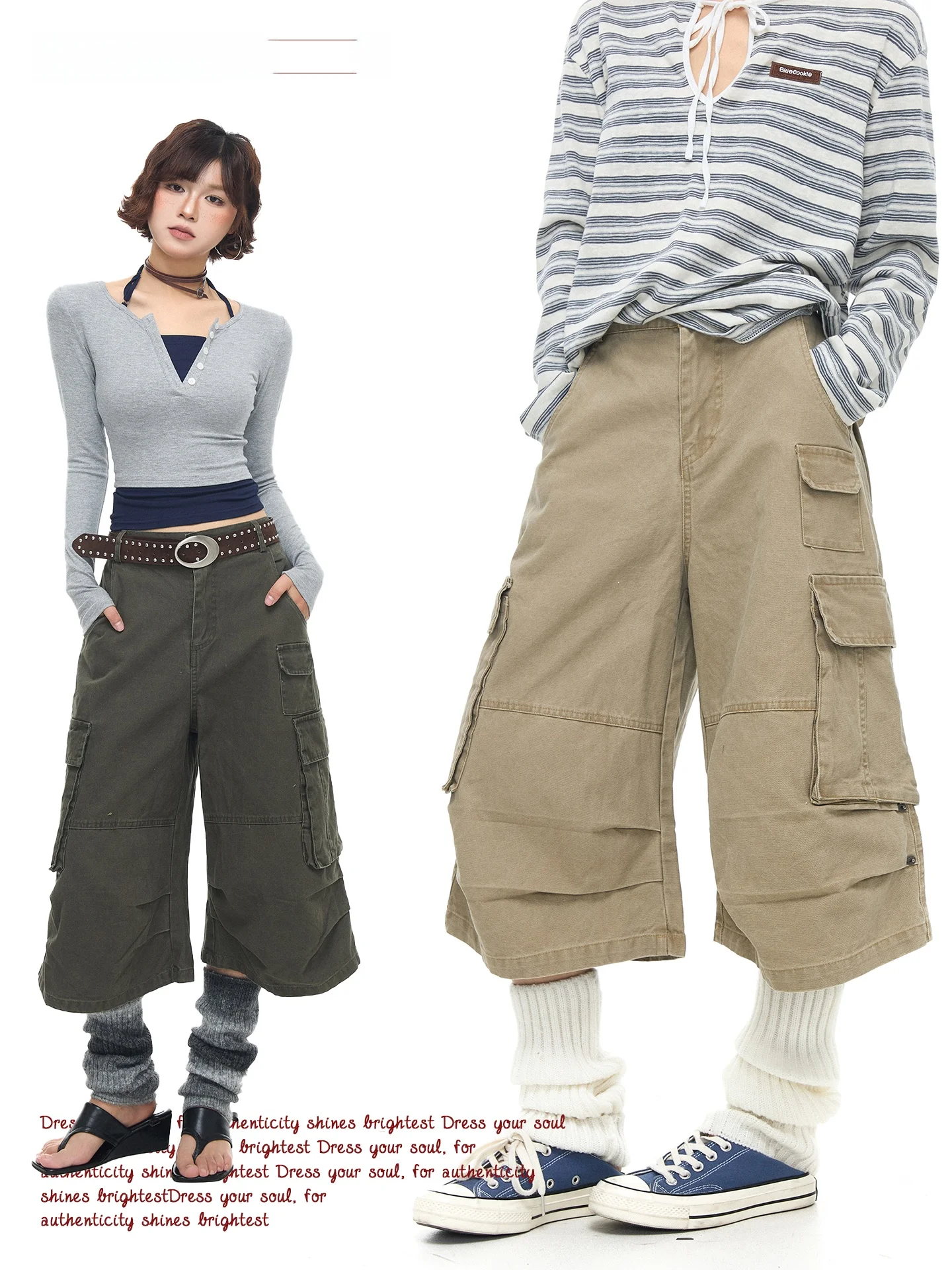 

Chen Sticky Old Store American Workwear Commuter Neutral Style Seven-Foot Short Pants Women Loose Wrinkle Small Pocket Jeans