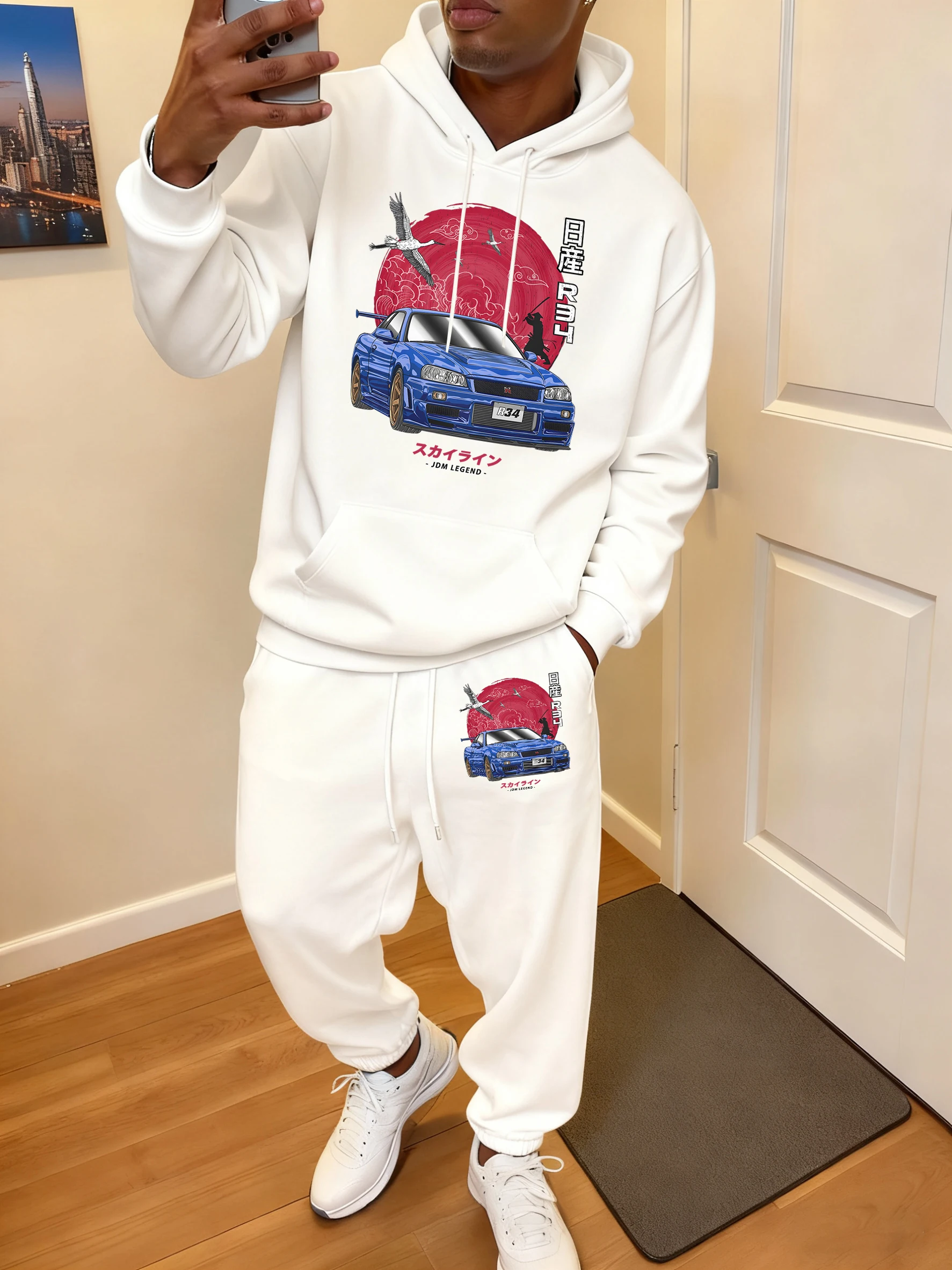 2026 Nippon Jdm Skyline Gtr R34 Print Fashion Hoodie Sets Men Soft Casual Sweatshirt Autumn Fleece Sweatpants Loose