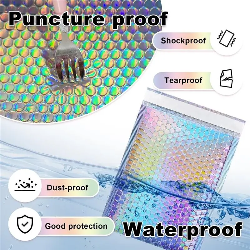Holographic Bubble Mailers Waterproof Self Seal Adhesive Foil Glitter 50 Pack Shipping Bags
