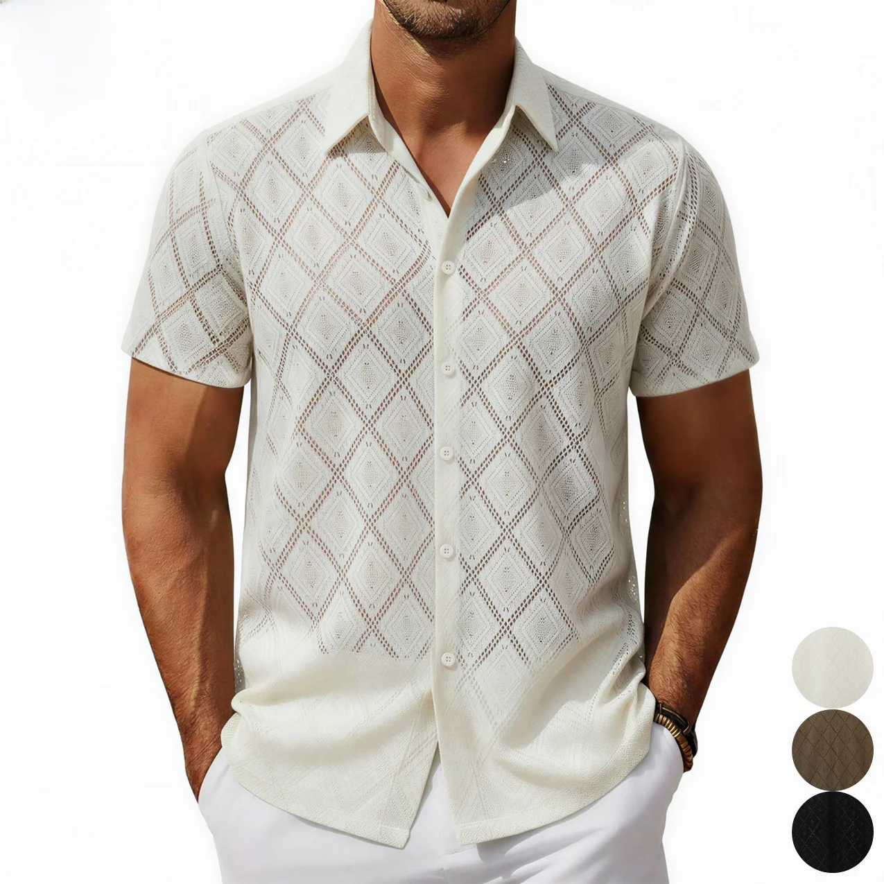 

Мужская летняя рубашка с коротким рукавом, ажурная, повседневная, тонкая, из полиэстера, для ежедневной носки