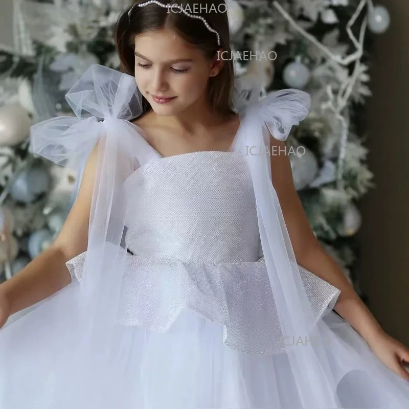 Kids White Square Neck  Children Flower Girl Performance Birthday Party Evening Gown Costume Sparkly Gown Tulle Lace Cake Dress