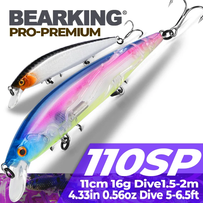 BEARKING 11cm 16g 0.2m-1m SP Minnow Fishing Lure Laser Hard Artificial Bait 3D Eyes Fishing Wobblers Diving Crankbait