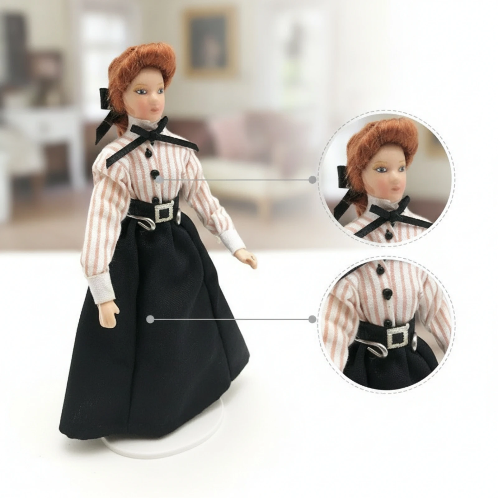 Ceramic Dollhouse Doll Vintage Style Porcelain Doll with Stand Miniature Female Figure Cloth Toy Movable for Collectors