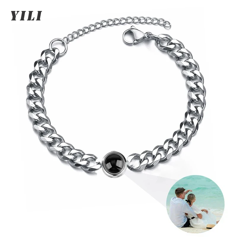 Custom Bracelet with Picture Inside Titanium Steel Cuban Link Chain Bracelet with Personalized Photo Projection for Men Women