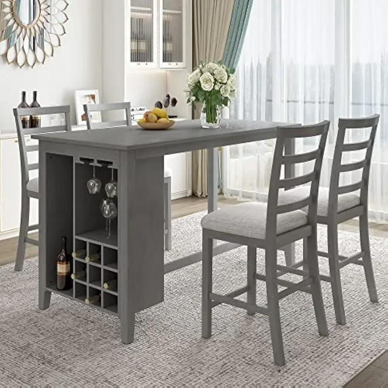 

Wood Counter Height Dining Table Set with Upholstered Chairs, Includes Integrated Bar Wine Compartment and Wineglass Holders