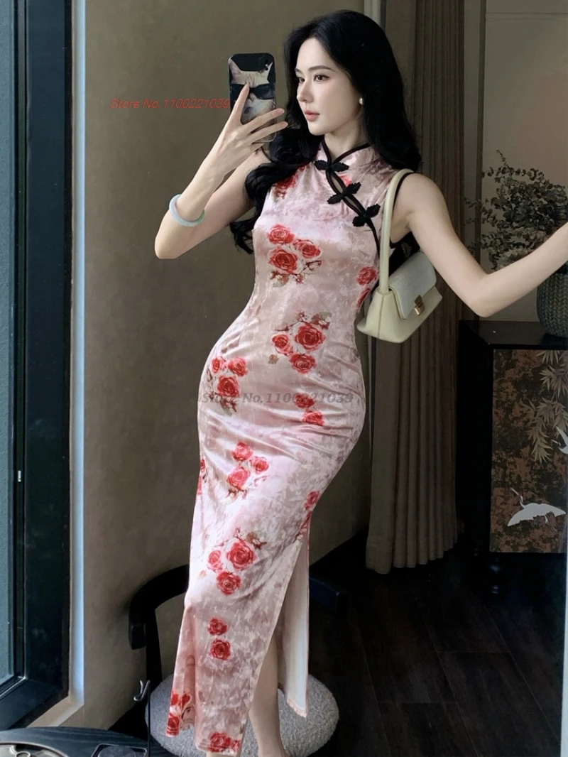 

2025 chinese vintage dress sleeveless velvet cheongsam flower print party evening dress retro nightclub qipao sexy dress vestido