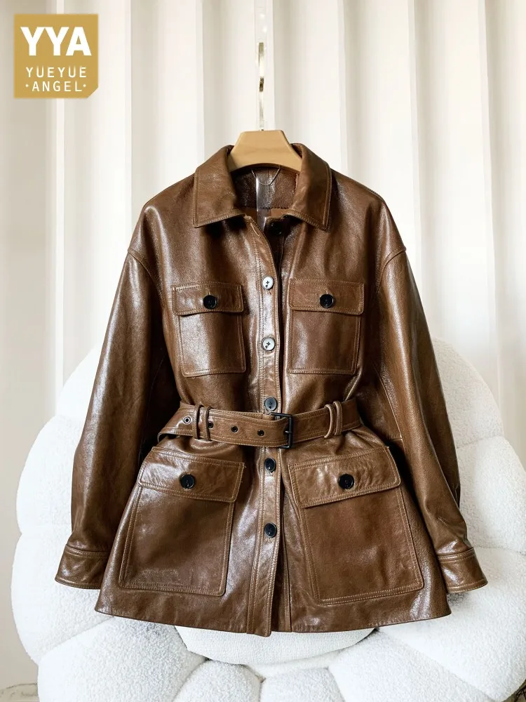 

Женская куртка из высококачественной овчины с поясом, однобортная, с множеством карманов, из натуральной кожи, модное пальто средней длины