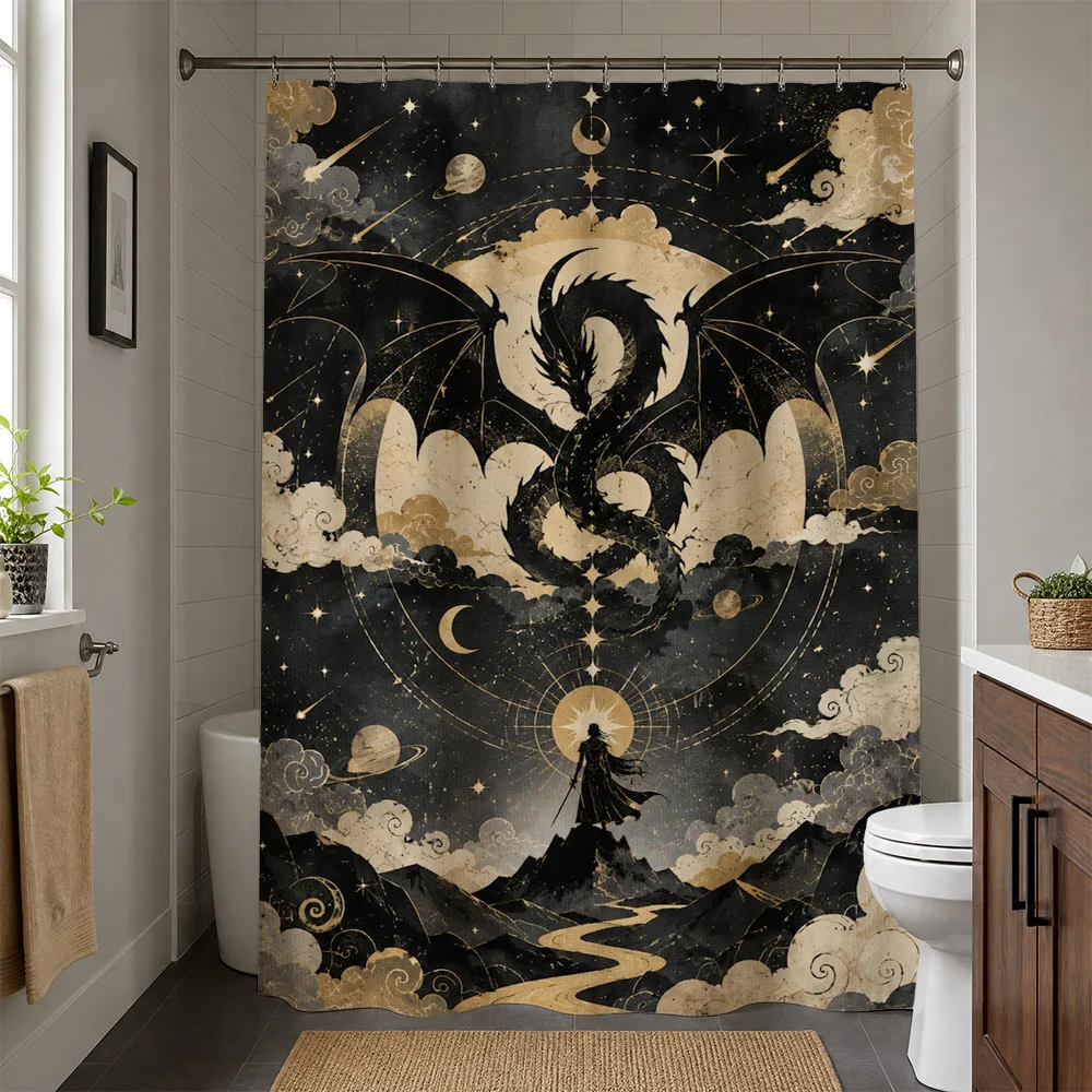 Mystic Dragon Galaxy Shower Curtain Dark Fantasy Celestial Night Scene Bathroom Decor