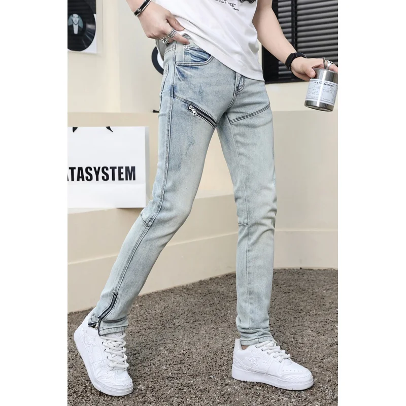 2024Spring and Summer New Denim Trousers Men's Street Locomotive Style Fashion Personality Zipper Slim Fit Tapered Pants