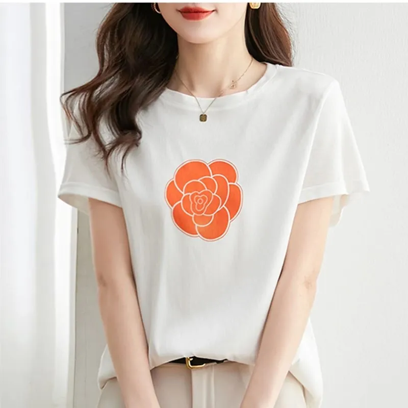 Summer New Women's Round Neck Short Sleeve Fashion Camellia Front Silk Back Cotton Knitted Casual T-Shirt Top