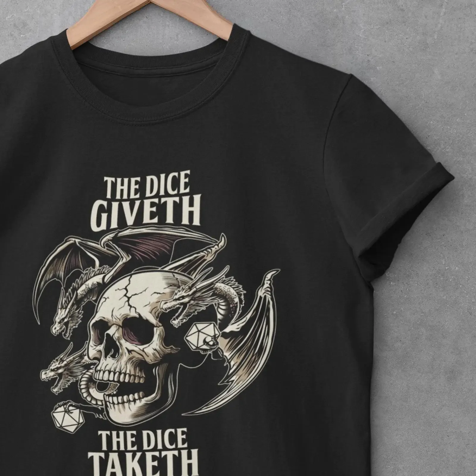 The Dice Giveth Taketh Skull Dragon D20 T shirt Vintage Gothic D TTRPG Gamer Black  vintage Washed Breathable Unisex streetwear