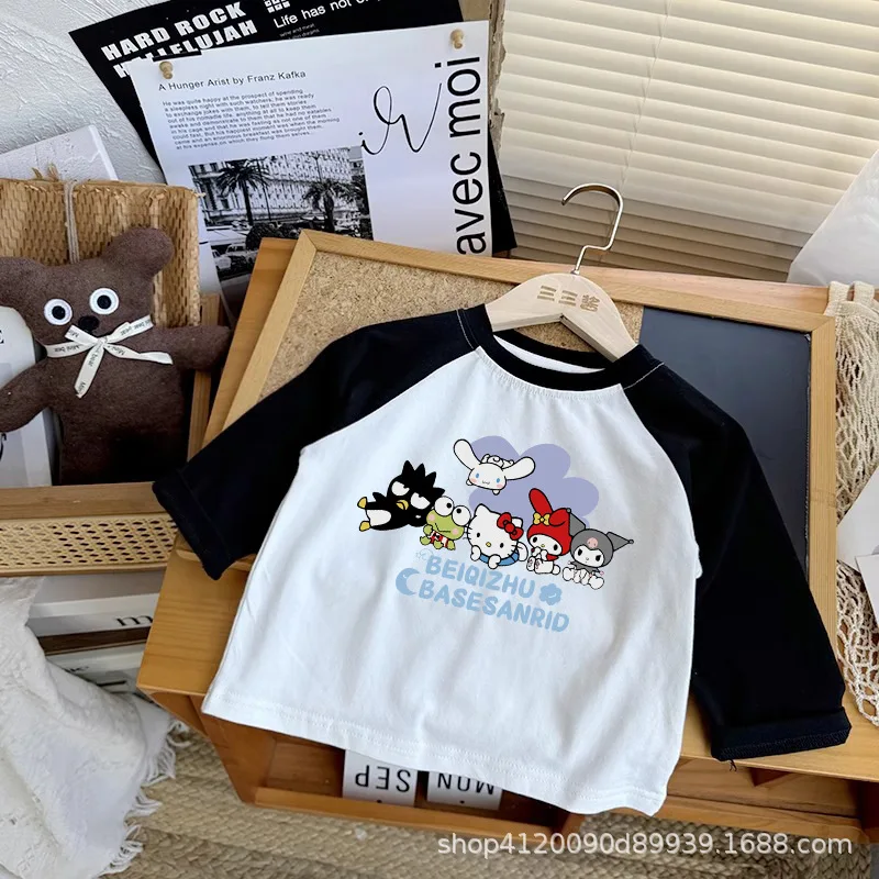 MINISO Hello Kitty Cinnamoroll Langarmshirt Kleidung Süße Kuromi Kawaii Anime Baumwolle Kinder Kapuzen Geschenke für Mädchen