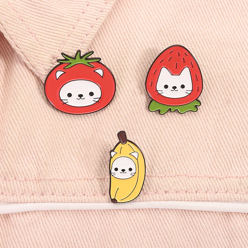 Cartoon Anime Strawberry Cat Enamel Pins Custom Banana Tomato Cat Brooches Lapel Badges Clothes Jewelry Gift for Kids Friends