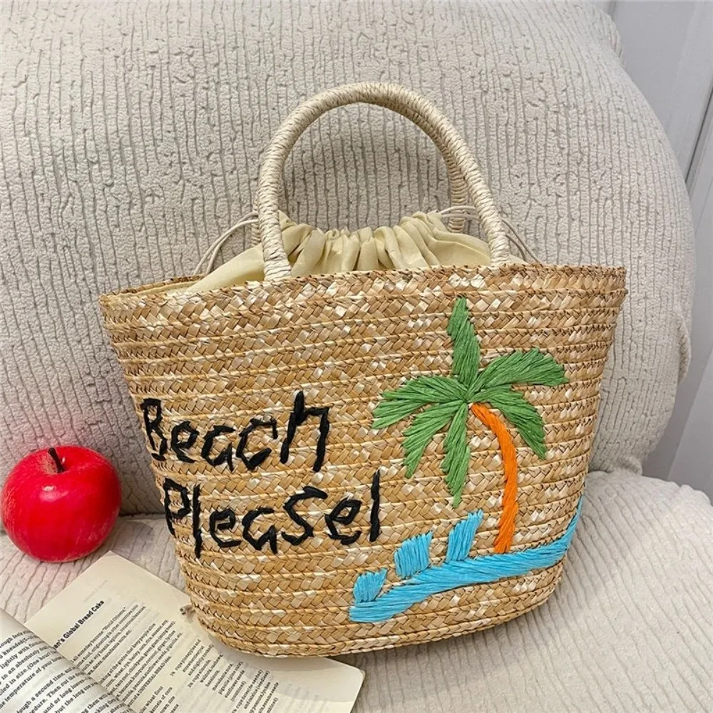 Embroidery String Straw Tote Bags Bohemian Style Sweet Casual Woven Handbags New Design Coconut Tree Design view 4