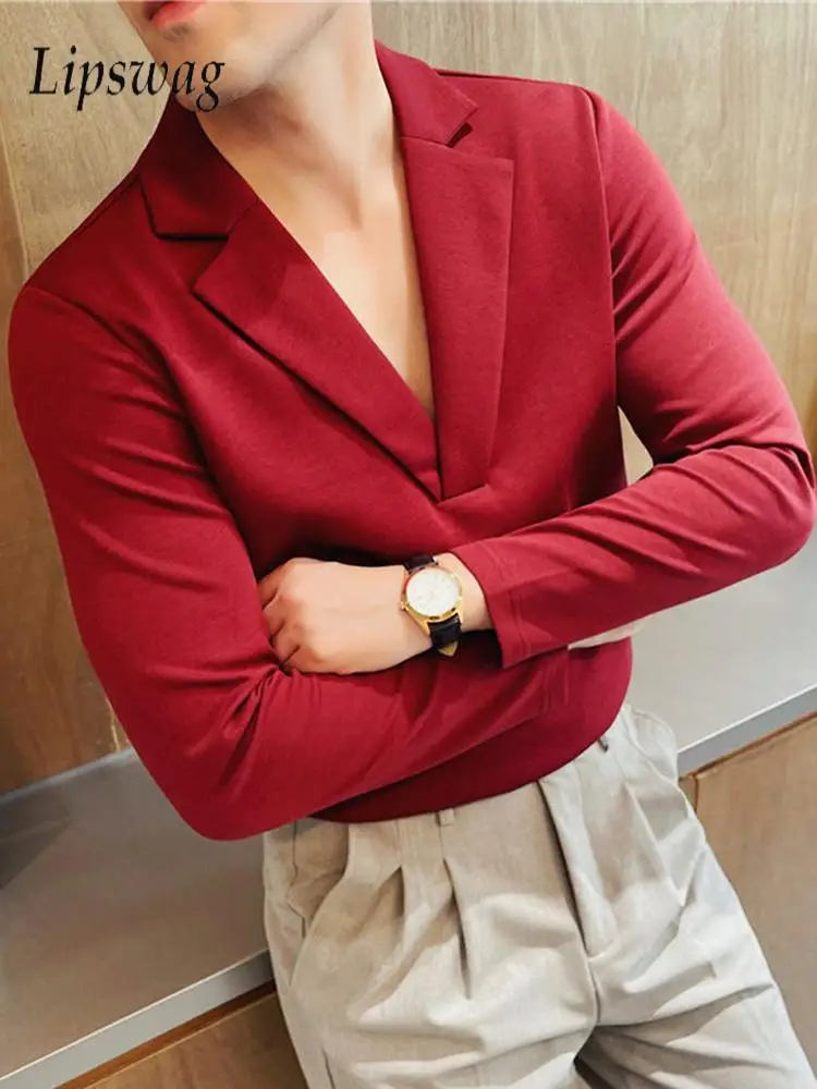 2026 Spring Mens Solid Color Long Sleeve T-shirt Fashionable Cuban Collar Deep V Neck Slim Fit Tops For Male Street Daily Wear