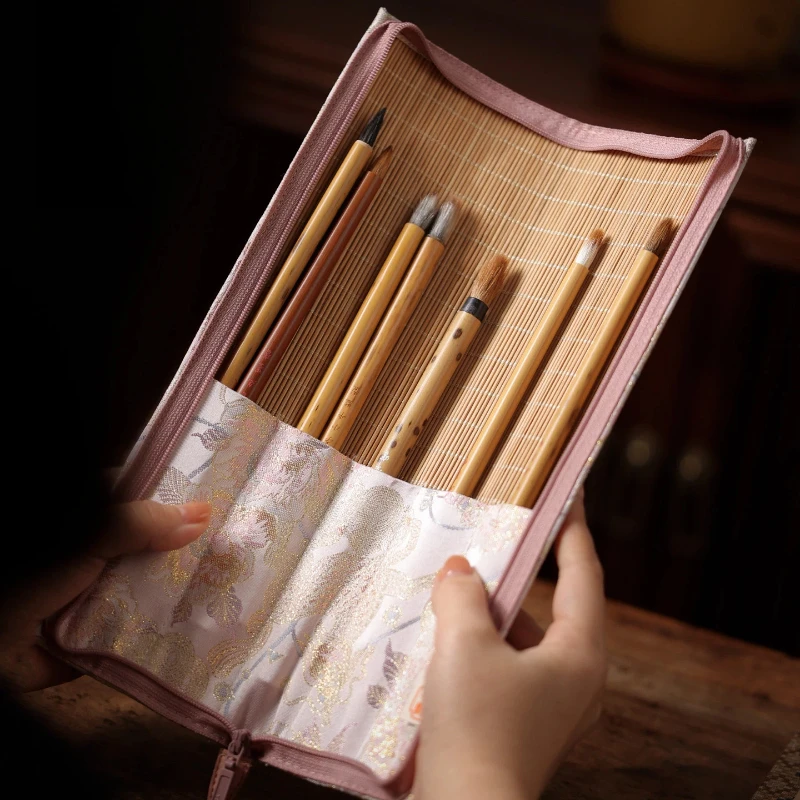 Bamboo Calligraphy Brush Roll Portable Storage Pouch Student Organizer For Chinese Calligraphy Painting Brushes Travel Carry Bag