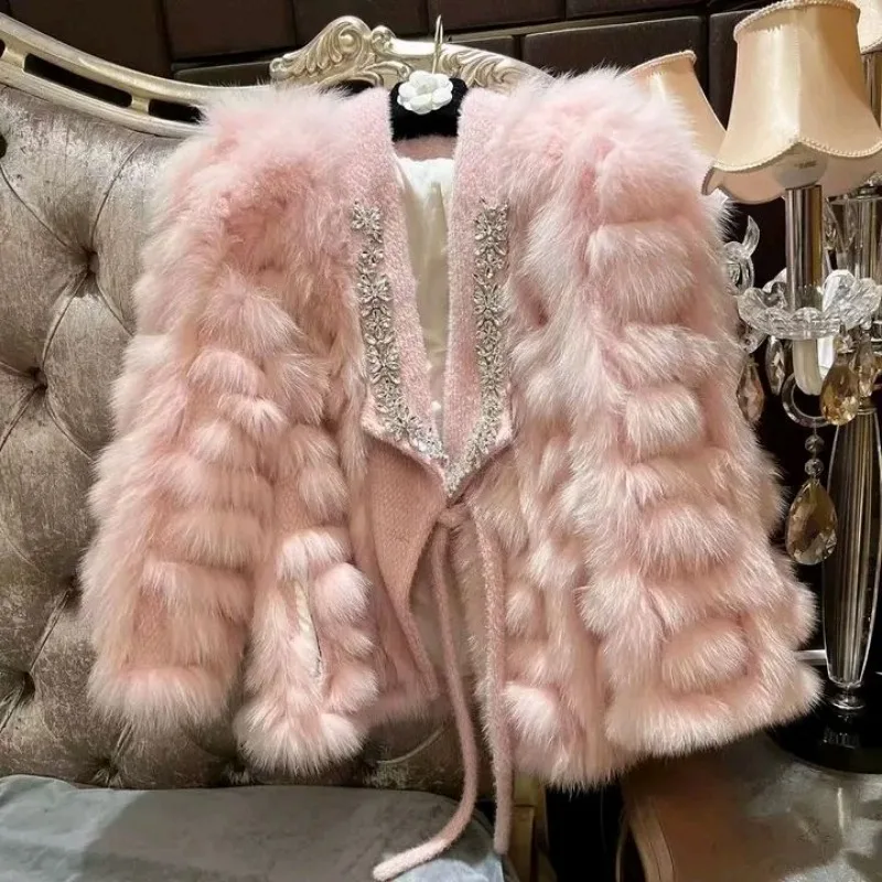 Winter Luxury Thickened Fox Mink Fur Coat Diamonds Beaded Imitation Fox Fur Rhinestones Jacket Flocking Cardigan Parka Crop Tops