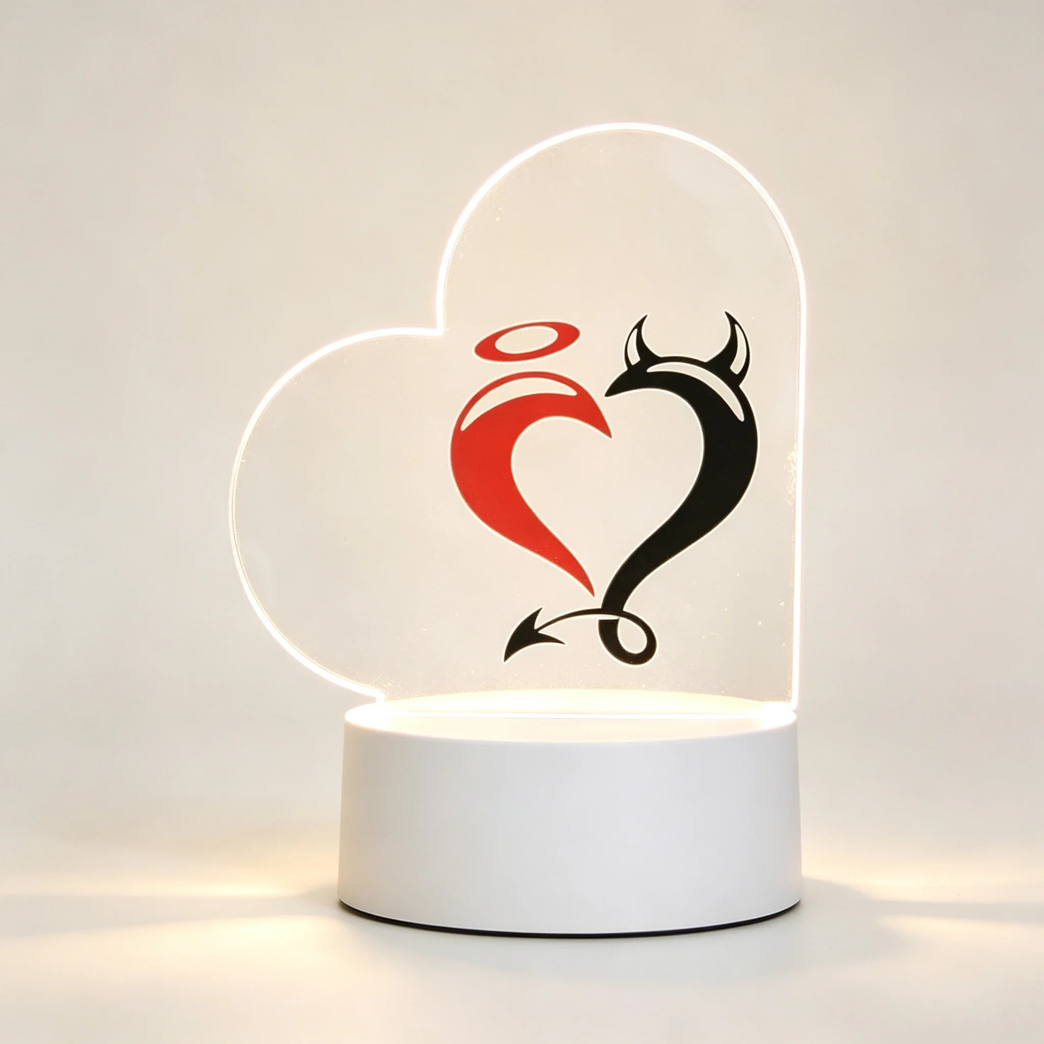 Heart Shaped Acrylic 3D Night Light Devil Angel Pattern USB Desk Lamp Bedroom Decor Lamp