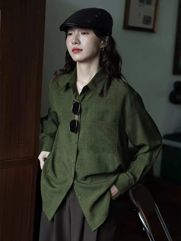 Camicia verde vintage da donna coreana chic moda top a maniche lunghe Harajuku tutto abbinato solido casual camicetta elegante da donna da ufficio nuova