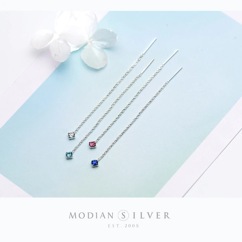 Modian Long Tassel Chain Colorful Crystal  Dangle Earrings for Women Hot Sale Ear Studs Jewelry 925 Sterling Silver Orecchini