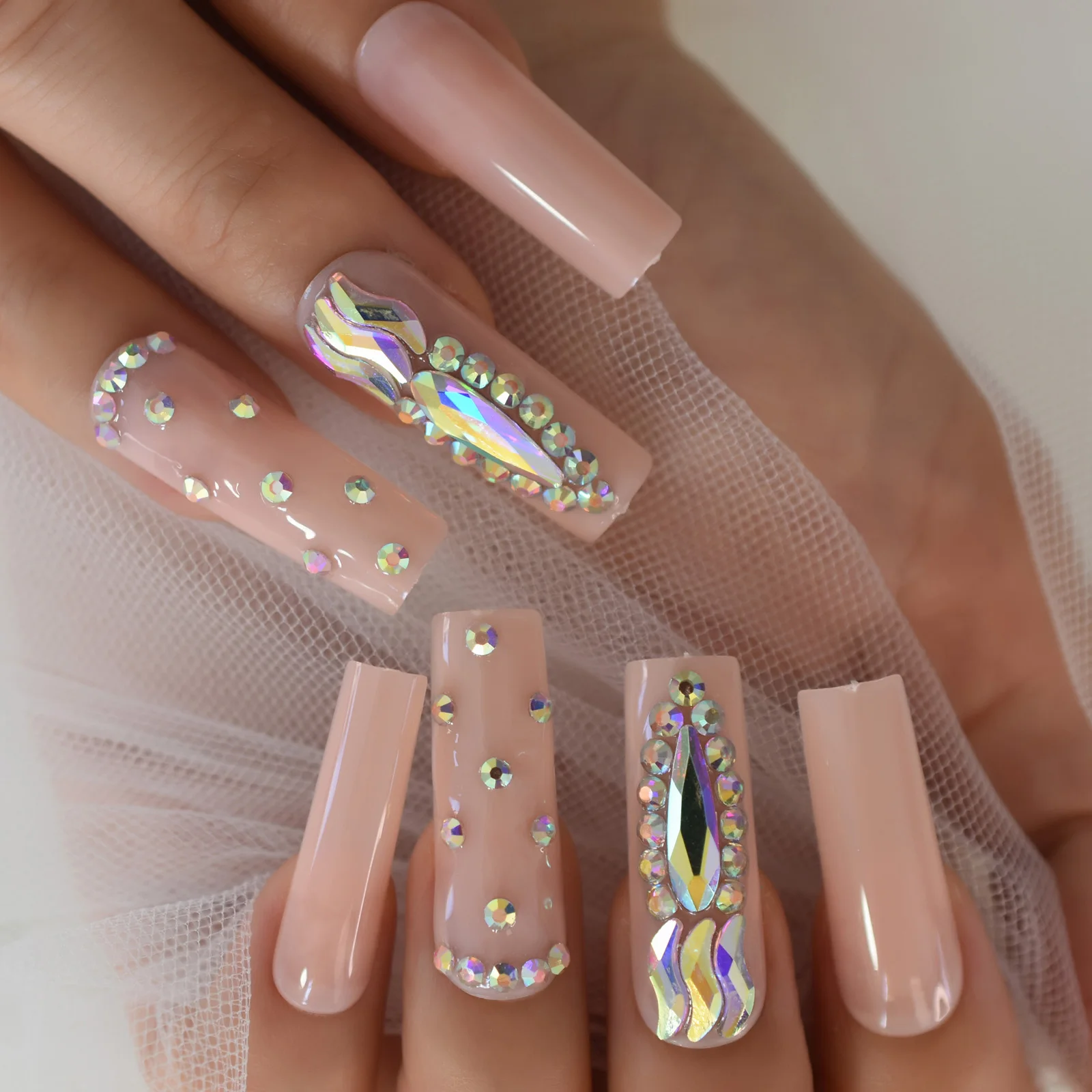 Uñas postizas largas brillantes con forma de diamante, cubierta completa cuadrada cónica recta, color rosa claro, para salones, ropa de fiesta, puntas decorativas