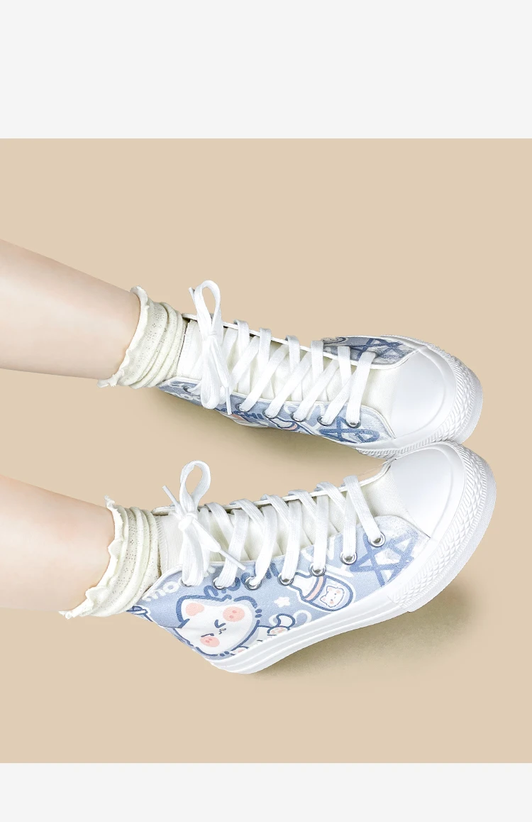 Amy und Michael Niedliche Cartoon-Katzen High-Top Canvas-Schuhe für Damen, Kawaii Weiße Schnürschuhe, Lässige Sneakers für Teenager-Mädchen, High-Top-Schuhe – Detail 7