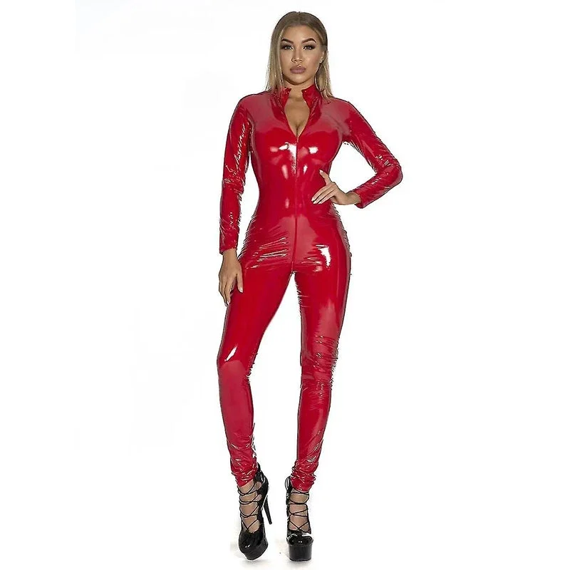 

Sexy Long Sleeved Faux Latex Jumpsuits for Women, Patent Leather Rompers, PVC Red V-Neck, Fashion Leather Pants, New, Custom,