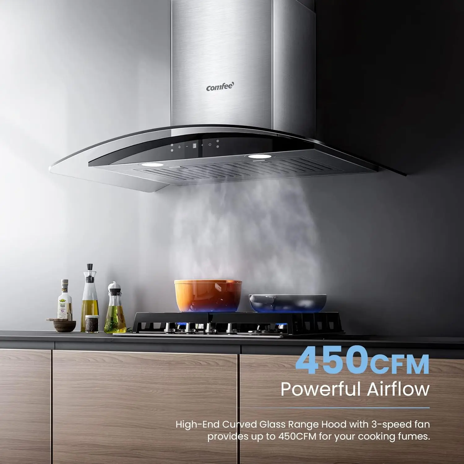Curved Glass Range Hood 30 Inch 450  3 Speed Gesture Sensing &Touch Control Panel Stainless Steel kitchen Ductless/