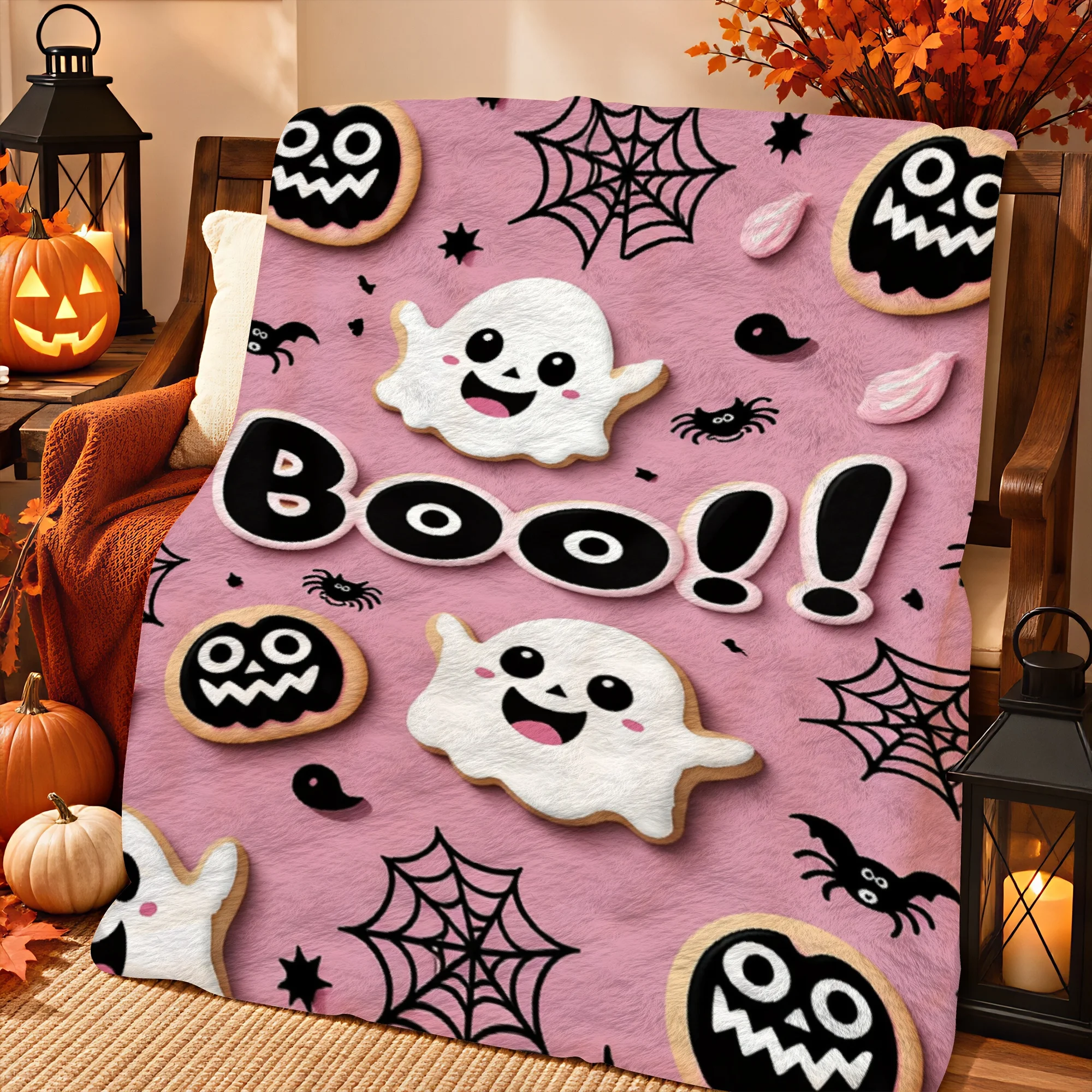 1pc 2D Printed Pink Blanket with Ghosts, Cookies, Spiders, Webs, And 