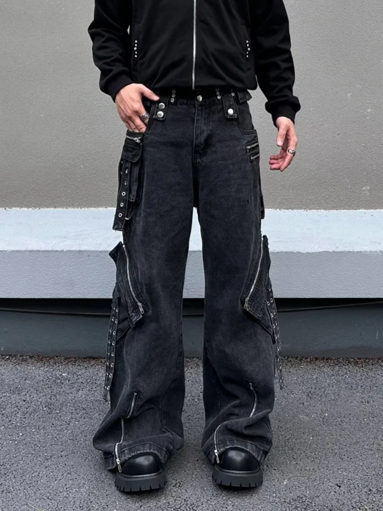 2025 Ropa Y2K الجرونج غسلها الأسود سستة تصميم فضفاض البضائع الجينز السراويل للرجال ملابس الشارع الشهير السراويل الطويلة Pantalon Hombre