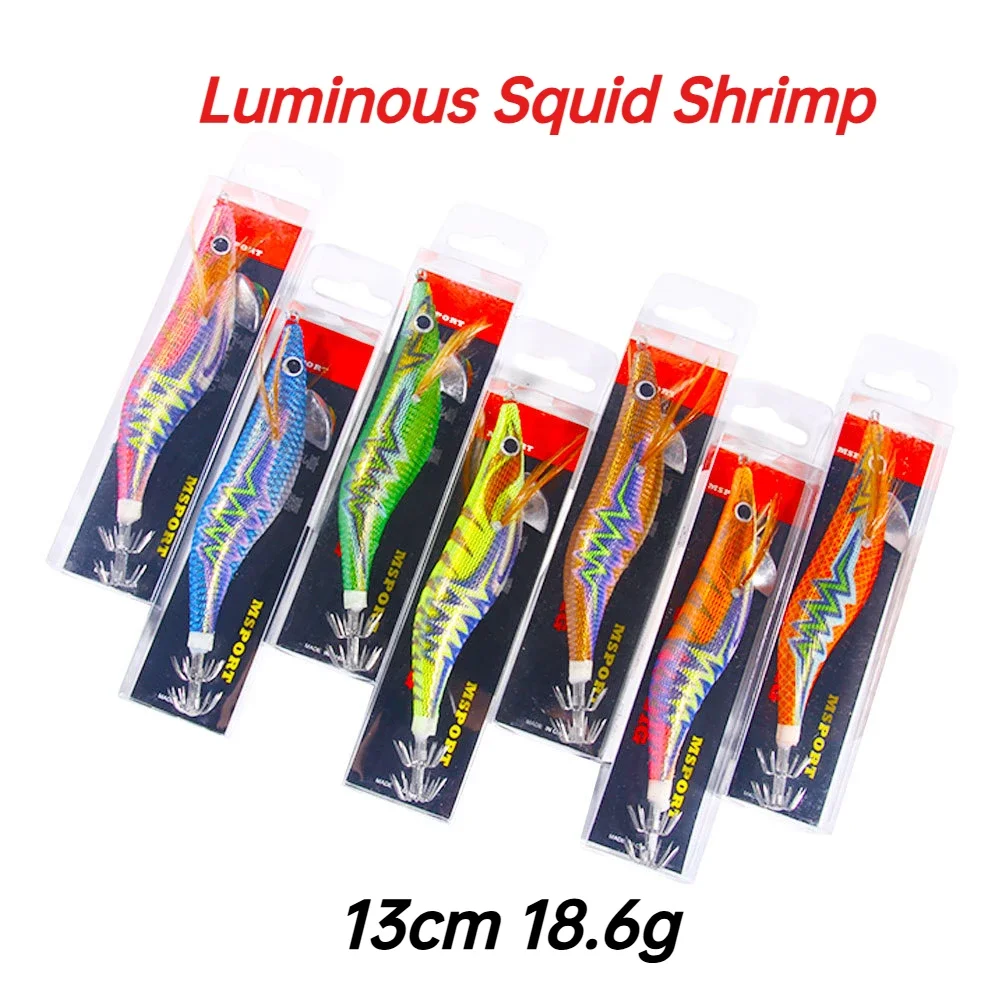 Fishing Lure Wood Shrimp Squid Hook Luminous Beads Simulation Boxed Round Belly Fish Bass Pike Saltwater Night Fishing Tackle