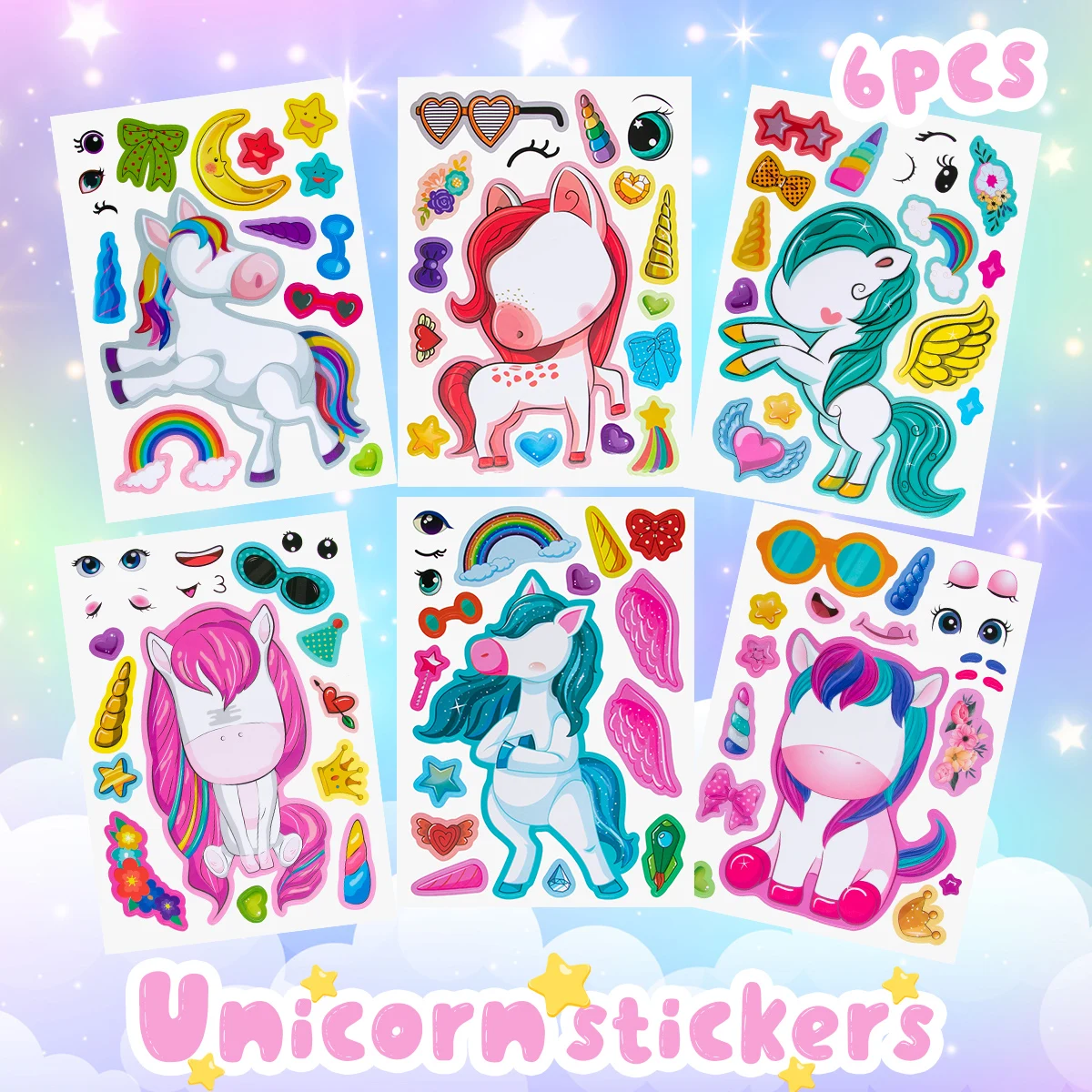 6 Sheets/Set Unicorn Puzzle Theme Stickers Cartoon Sticker Children DIY Handmade Creative Kawaii Stickers Party Decorations