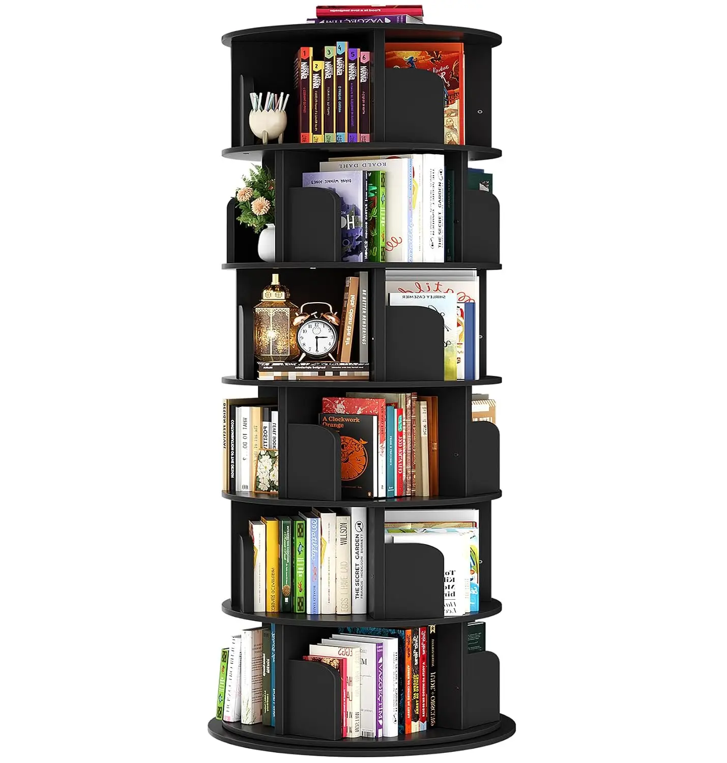 6-Tier Rotating Tower Bookcase, 360° Spinning Narrow Tall Wood Corner Shelf for Small Space, Customized