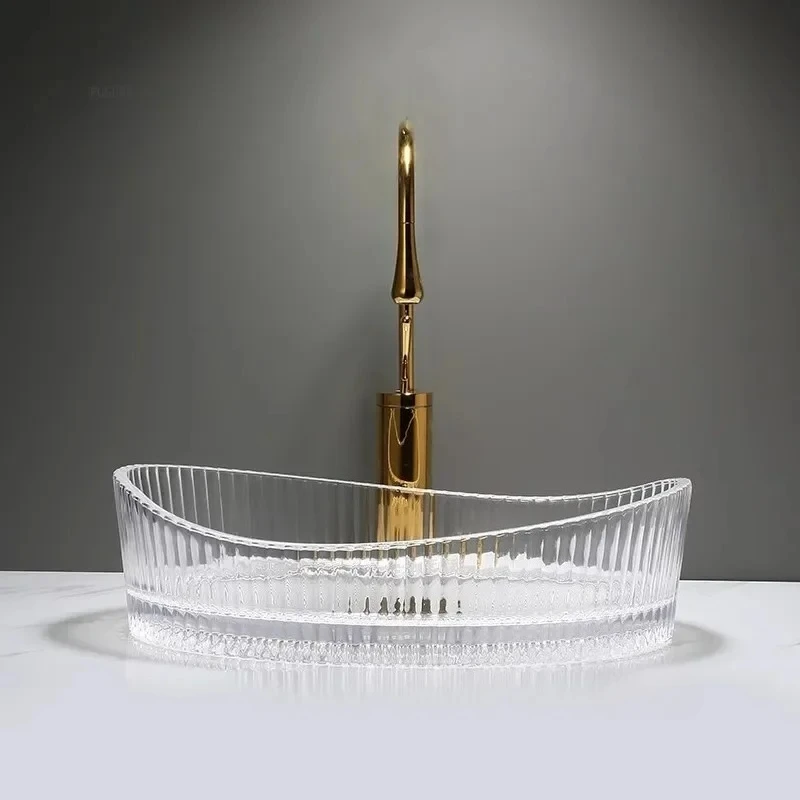 

Modern Sleek Design Bathroom Sink for Club Light Luxury Glass Countertop Basin for Bathroom High-end Transparent Embossed Sinks