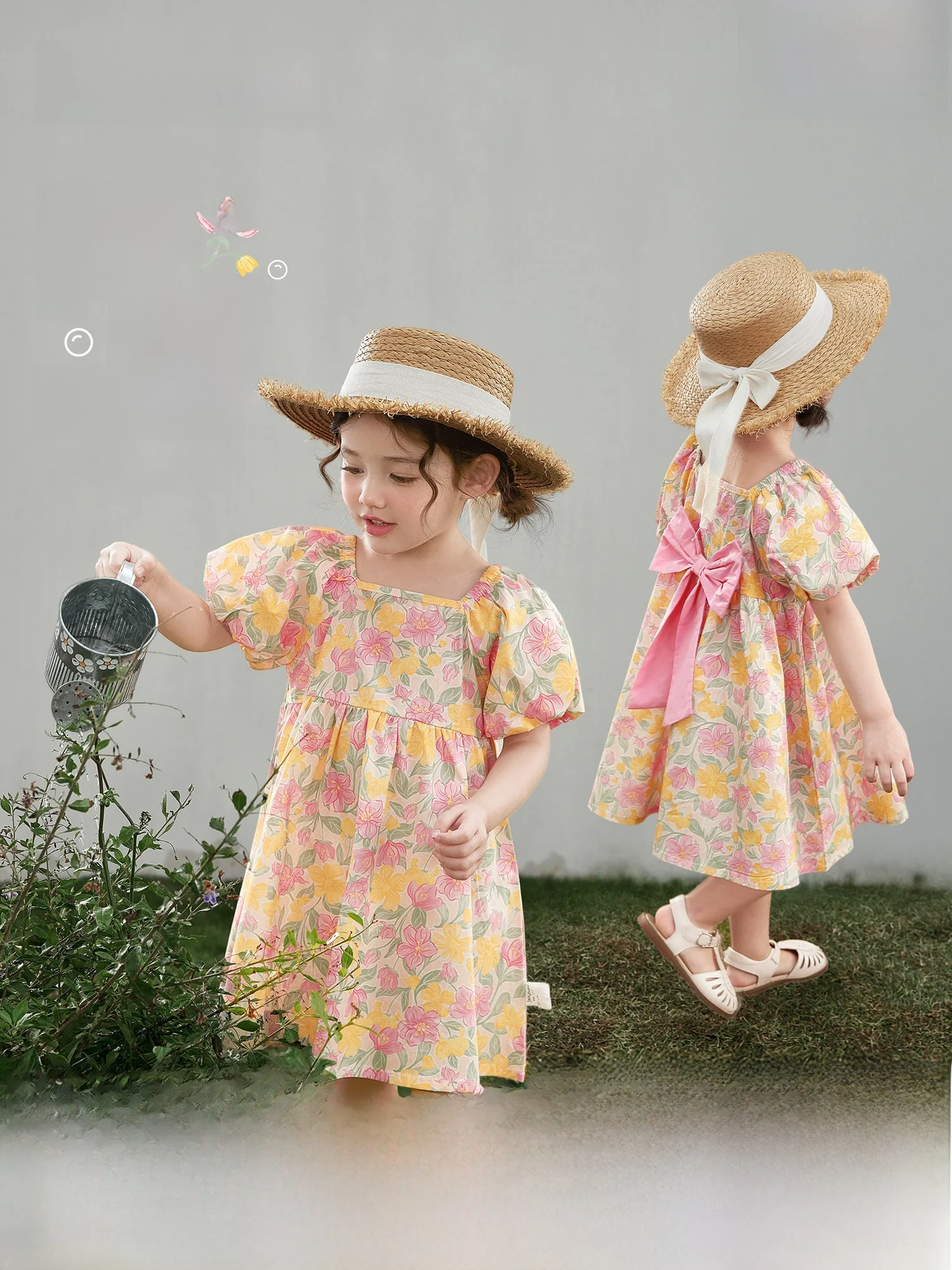 綿00-花柄プリントプリンセスドレス-女の子用-ベビーバブルスリーブサマードレス-子供服-フレンチスタイルミディドレス