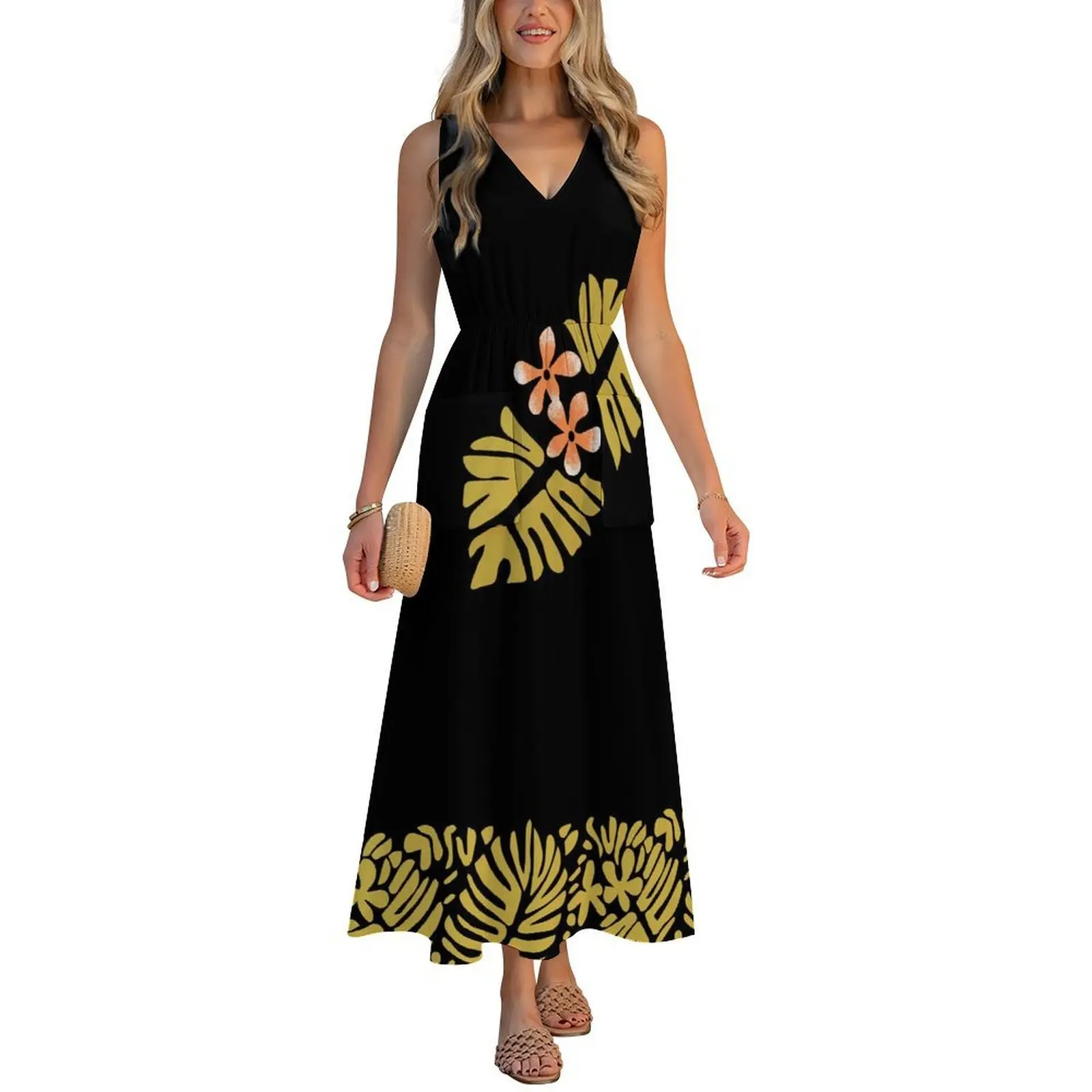 Polynesian-Style Printed V-Neck Dress Slim-Fitting Dress And Beach Dress Can Be Customized To Your Needs