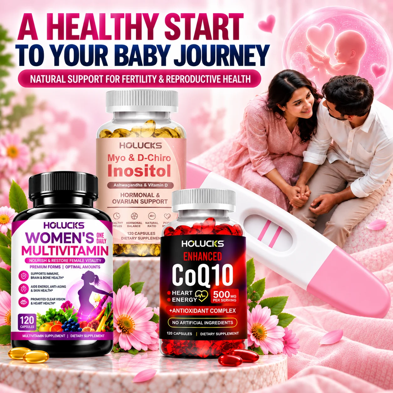 All-in-One Women Health Set, Support Inositol Ovarian, CoQ10 Cellular Energy & Women Daily Multivitamin, Regular Cycles & Heart