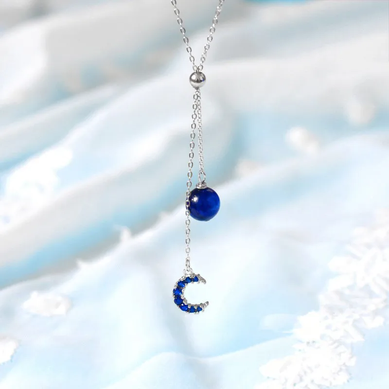 

925 Sterling Silver Needle Blue Dream Crystal Moon Tassel Choker Necklaces For Women Girl Lady Sterling-Silver Needle-Jewelry