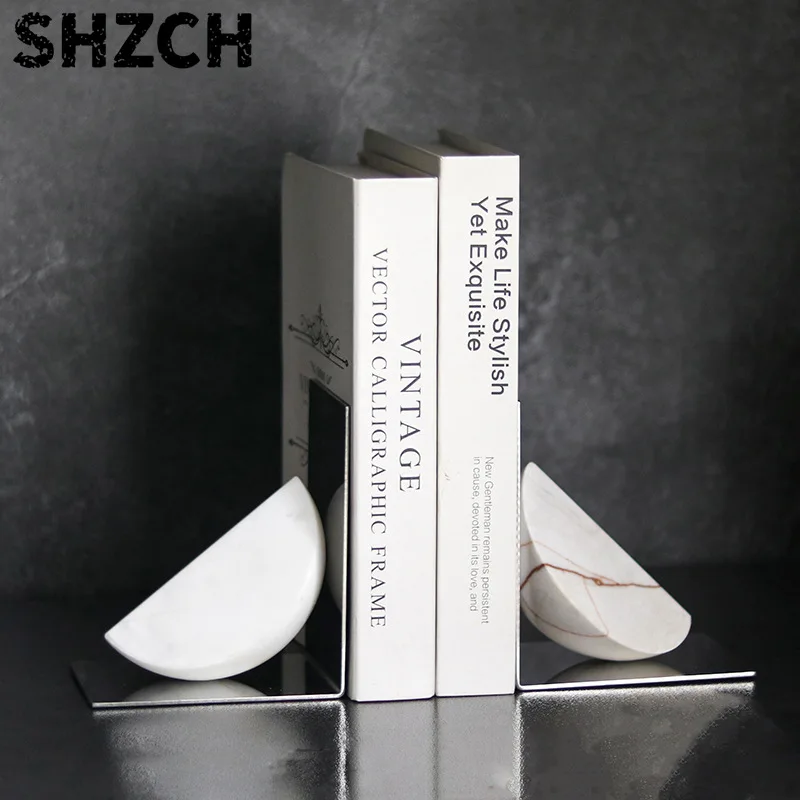 Marble Geometric Bookends Set, Handcrafted Office Desk Decor Organizer for Bookshelf Desktop Decoration Study Gift