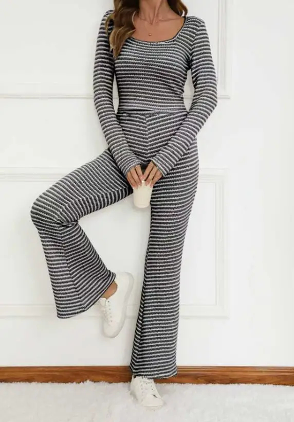 

Two Piece Set Women Outfit 2026 Spring Autumn New Striped Square Collar Long Sleeve Crop Top & High Waist Casual Pants Set