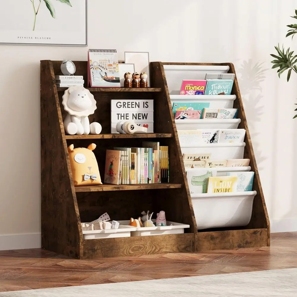 4-Tier Wooden Toddler Bookshelf with 5 Sling Sleeves for Nursery, Playroom, and Classroom Storage