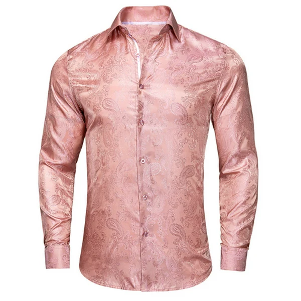 Single Paisley Long Sleeve Shirt Men, Pink or Apricot or White, Loose Collared Button Top For Daily Casual Outfit