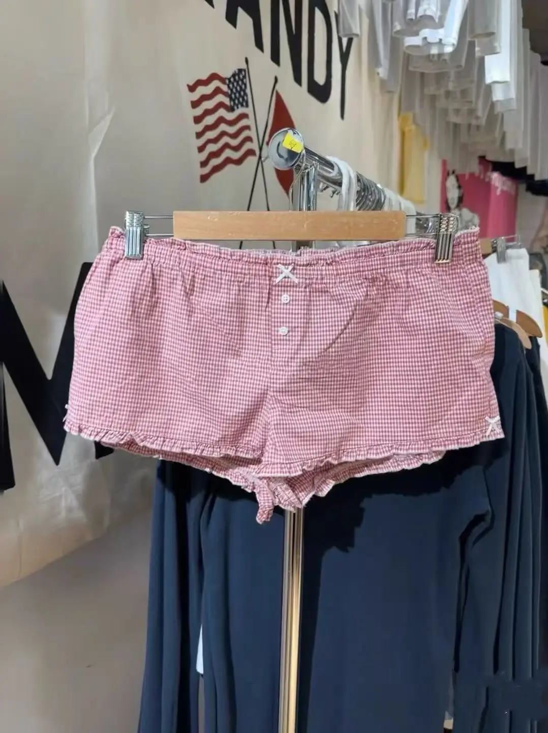 핑크 플래드 러플 반바지 여성 여름 투버튼 보우 밴딩 슬림 숏 팬츠 프레피 스타일 스윗 캐주얼 홈 박서 반바지