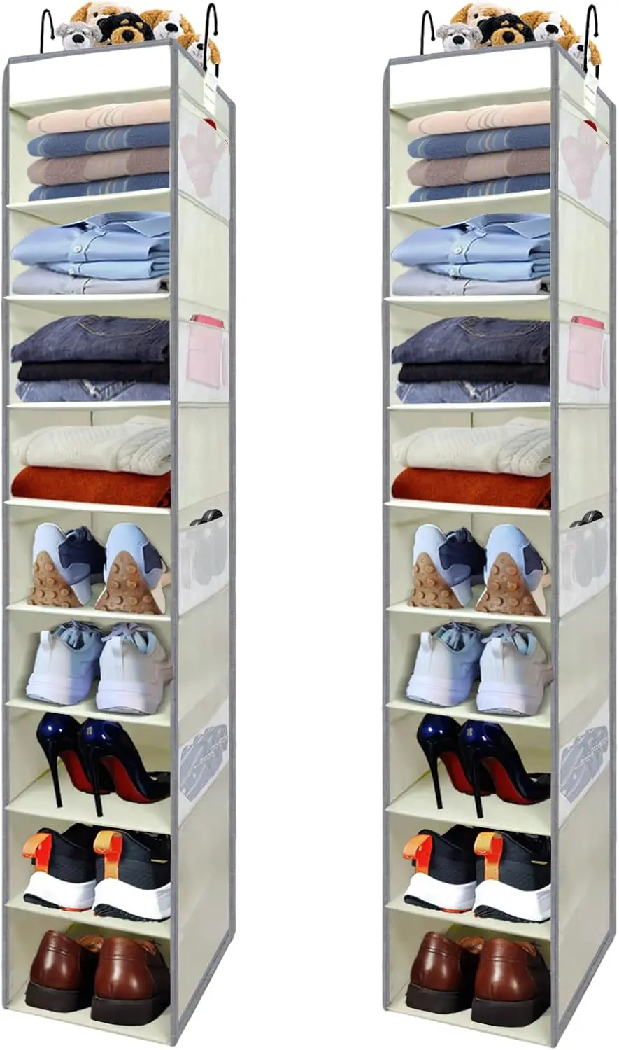 

Large Hanging Shoe Organizer with 10 Shelves and 8 Pockets, Beige Storage for Shoes Clothes Toys