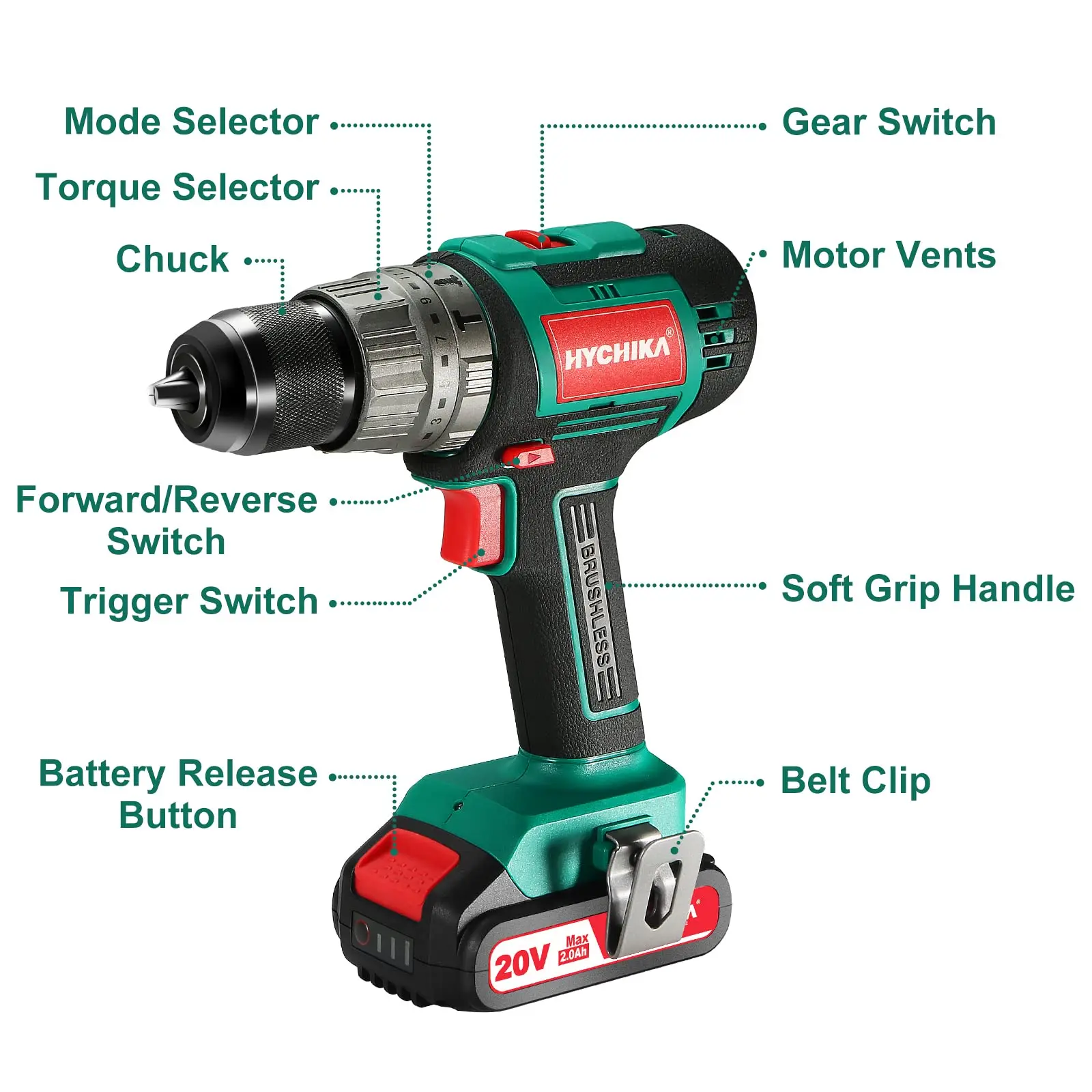 HYCHIKA 20V Cordless Electric Drill Brushless 2.0 AH Battery with Fast Charger 20pcs Drill Bits Electric Screwdriver Power Tools