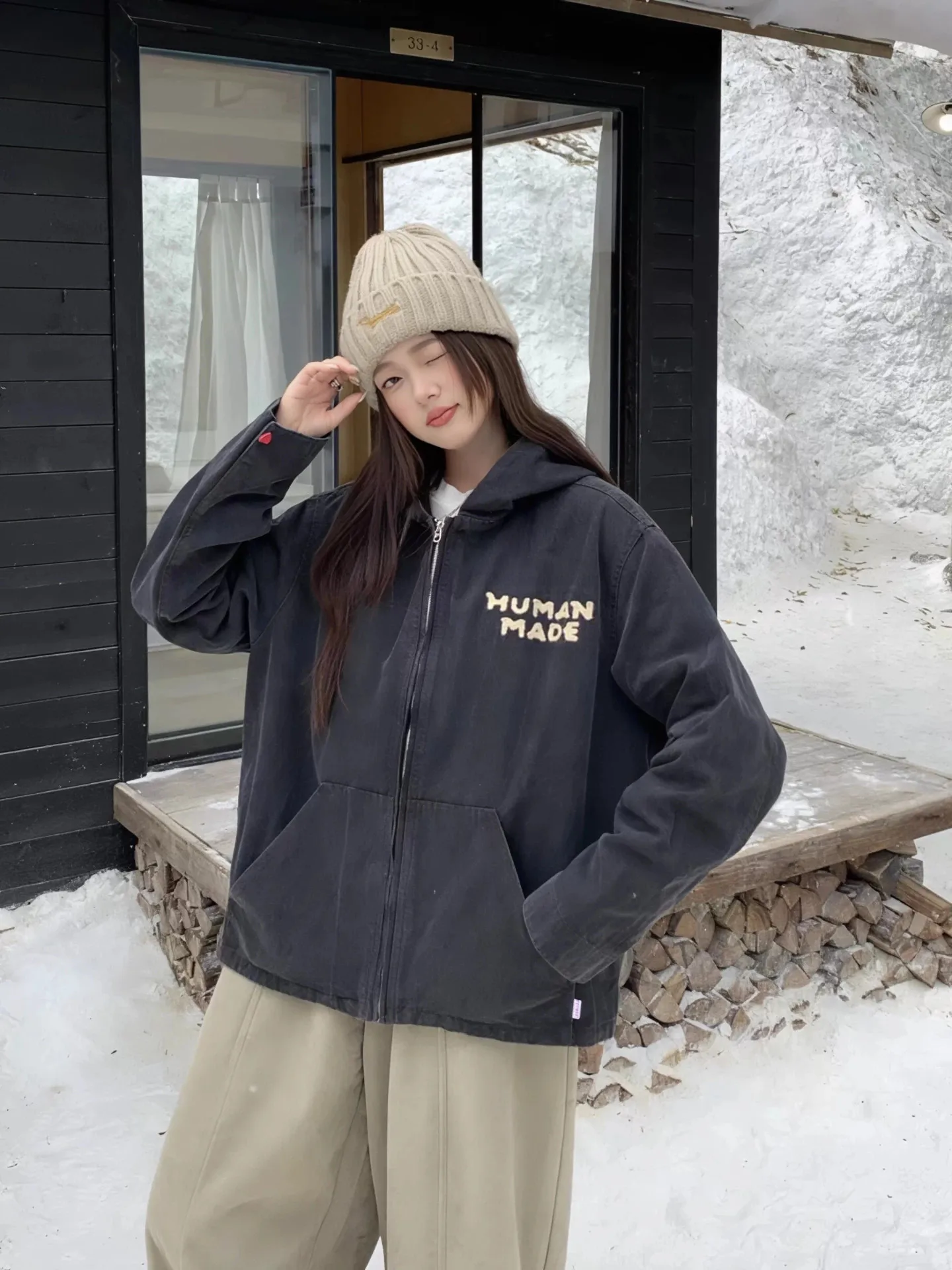 HUMAN MADE Vintage Wash Hooded Jacket Heart Patch Zip Up Cotton Black Unisex